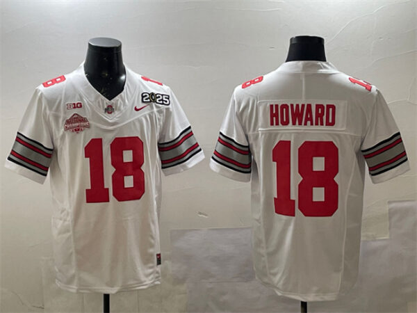 Men's Ohio State Buckeyes #18 Will Howard White 2025 CFP Final With National Champions Patch F.U.S.E. Vapor Limited Stitched Football Jersey