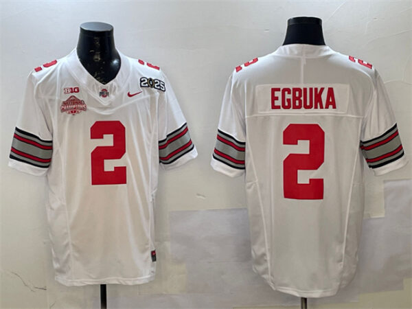 Men's Ohio State Buckeyes #2 Emeka Egbuka White 2025 CFP Final With National Champions Patch F.U.S.E. Vapor Limited Stitched Football Jersey