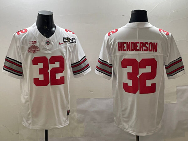 Men's Ohio State Buckeyes #32 TreVeyon Henderson White 2025 CFP Final With National Champions Patch F.U.S.E. Vapor Limited Stitched Football Jersey