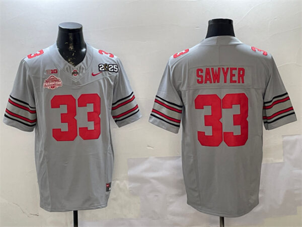 Men's Ohio State Buckeyes #33 Jack Sawyer Grey 2025 CFP Final With National Champions Patch F.U.S.E. Vapor Limited Stitched Football Jersey