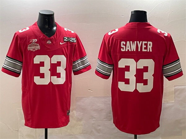 Men's Ohio State Buckeyes #33 Jack Sawyer Red 2025 CFP Final With National Champions Patch F.U.S.E. Vapor Limited Stitched Football Jersey