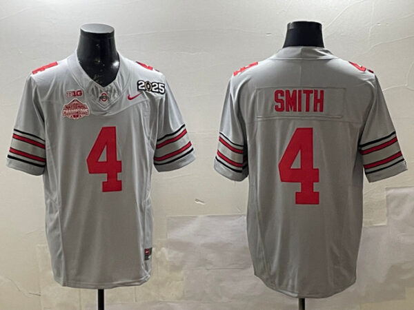 Men's Ohio State Buckeyes #4 Jeremiah Smith Grey 2025 CFP Final With National Champions Patch F.U.S.E. Vapor Limited Stitched Football Jersey