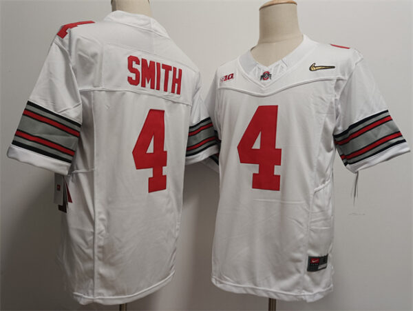 Men's Ohio State Buckeyes #4 Jeremiah Smith White 2025 Gold Logo F.U.S.E. Vapor Limited Stitched Football Jersey