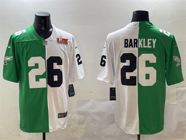 Men's Philadelphia Eagles #26 Saquon Barkley Green White Split 2025 Super Bowl LIX Patch Vapor Untouchable Limited Stitched Football Jersey