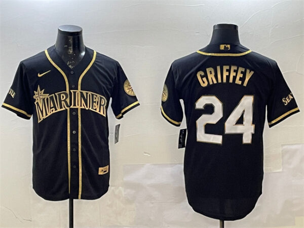 Men's Seattle Mariners #24 Ken Griffey Jr. Black Gold Cool Base Stitched Baseball Jersey