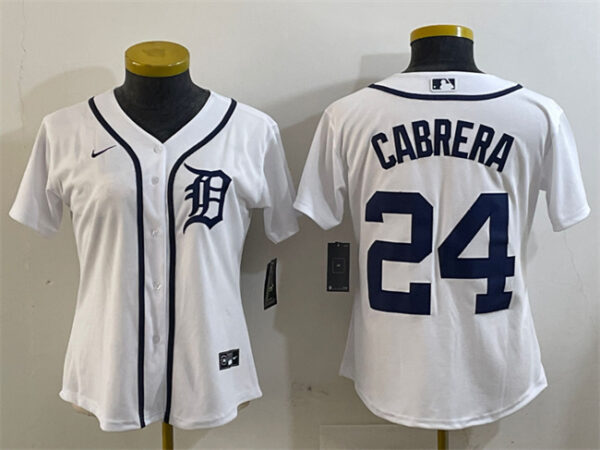 Women's Detroit Tigers #24 Miguel Cabrera White Cool Base Stitched Baseball Jersey(Run Small)