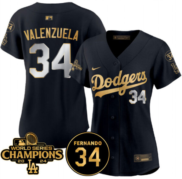 Women's Los Angeles Dodgers #34 Fernando Valenzuela Black Gold 2024 World Series Champions & Fernando Memorial Patch Limited Stitched Baseball Jersey(Run Small)