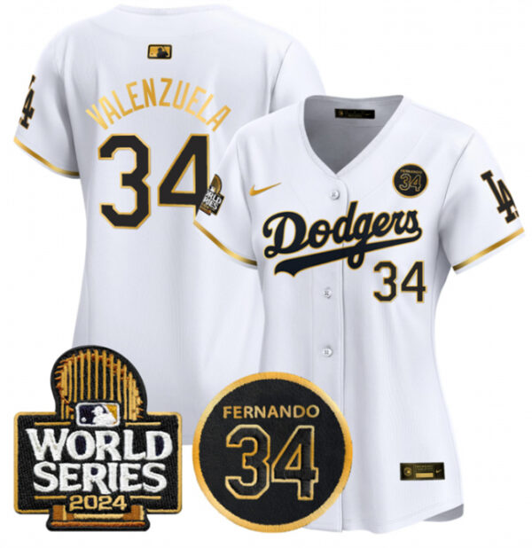 Women's Los Angeles Dodgers #34 Fernando Valenzuela White Gold 2024 World Series & Fernando Memorial Patch Limited Stitched Baseball Jersey(Run Small)