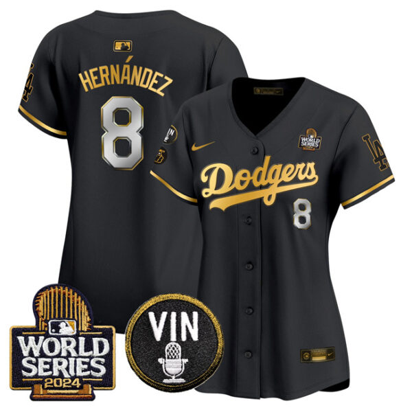 Women's Los Angeles Dodgers #8 Enrique Hernandez Black Gold 2024 World Series With Vin & Kobe Patch Limited Stitched Baseball Jersey(Run Small)