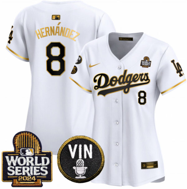 Women's Los Angeles Dodgers #8 Enrique Hernandez White Gold 2024 World Series With Vin & Kobe Patch Limited Stitched Baseball Jersey(Run Small)